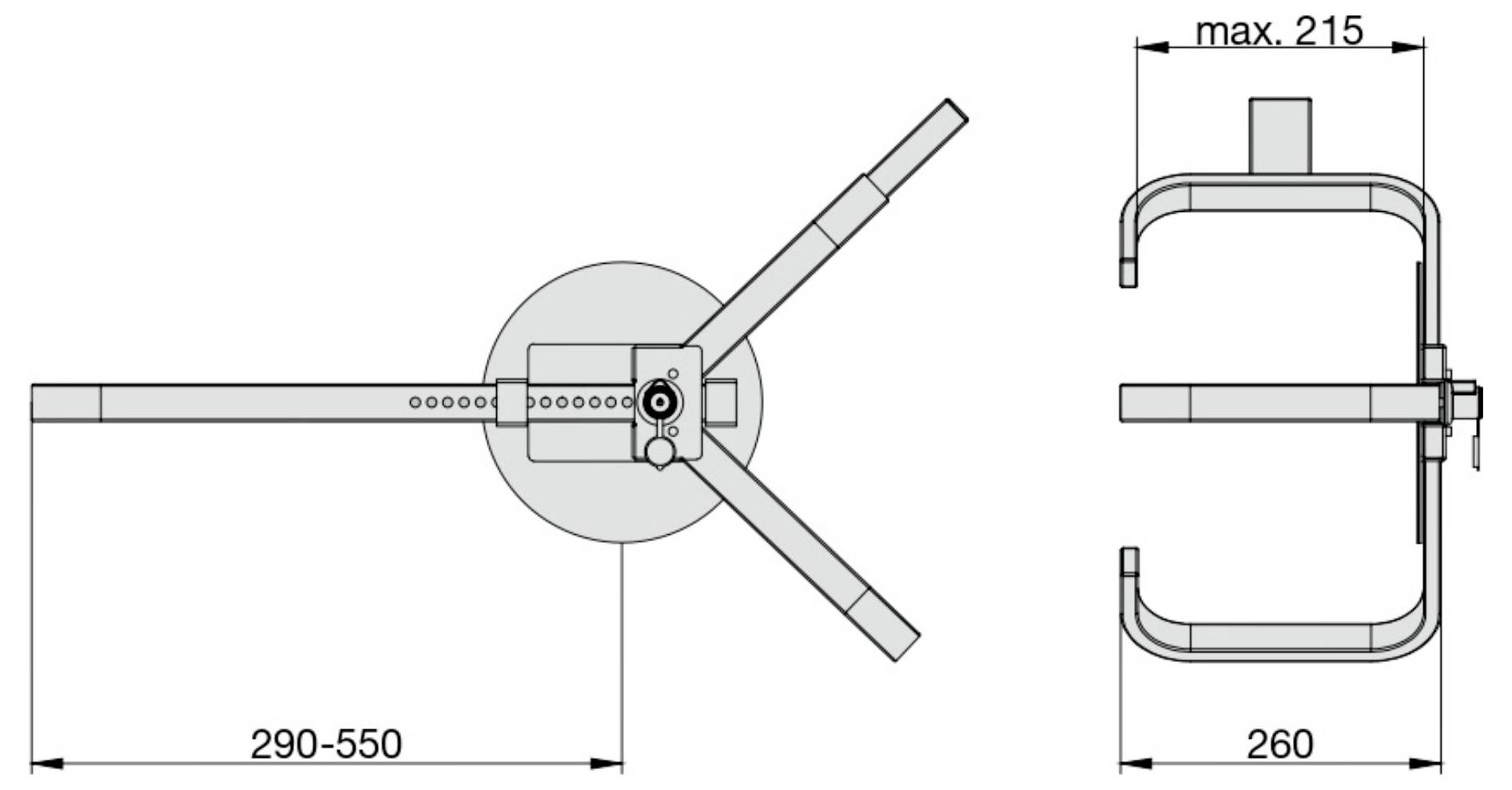 „Ansicht von oben des Stuhls: Breite verstellbar von 290–550 mm, Tiefe 260 mm, maximale Höhe 215 mm.