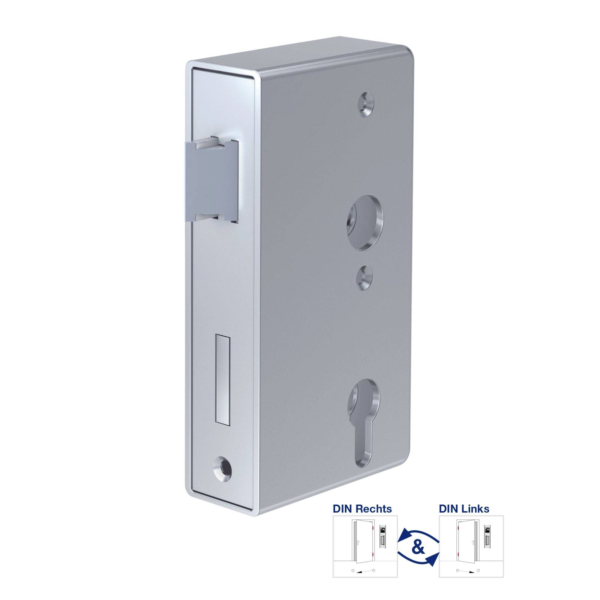 Silbernes Türschlossgehäuse mit Öffnungen für Türgriff und Schloss. Unten rechts kleine Diagramme: 