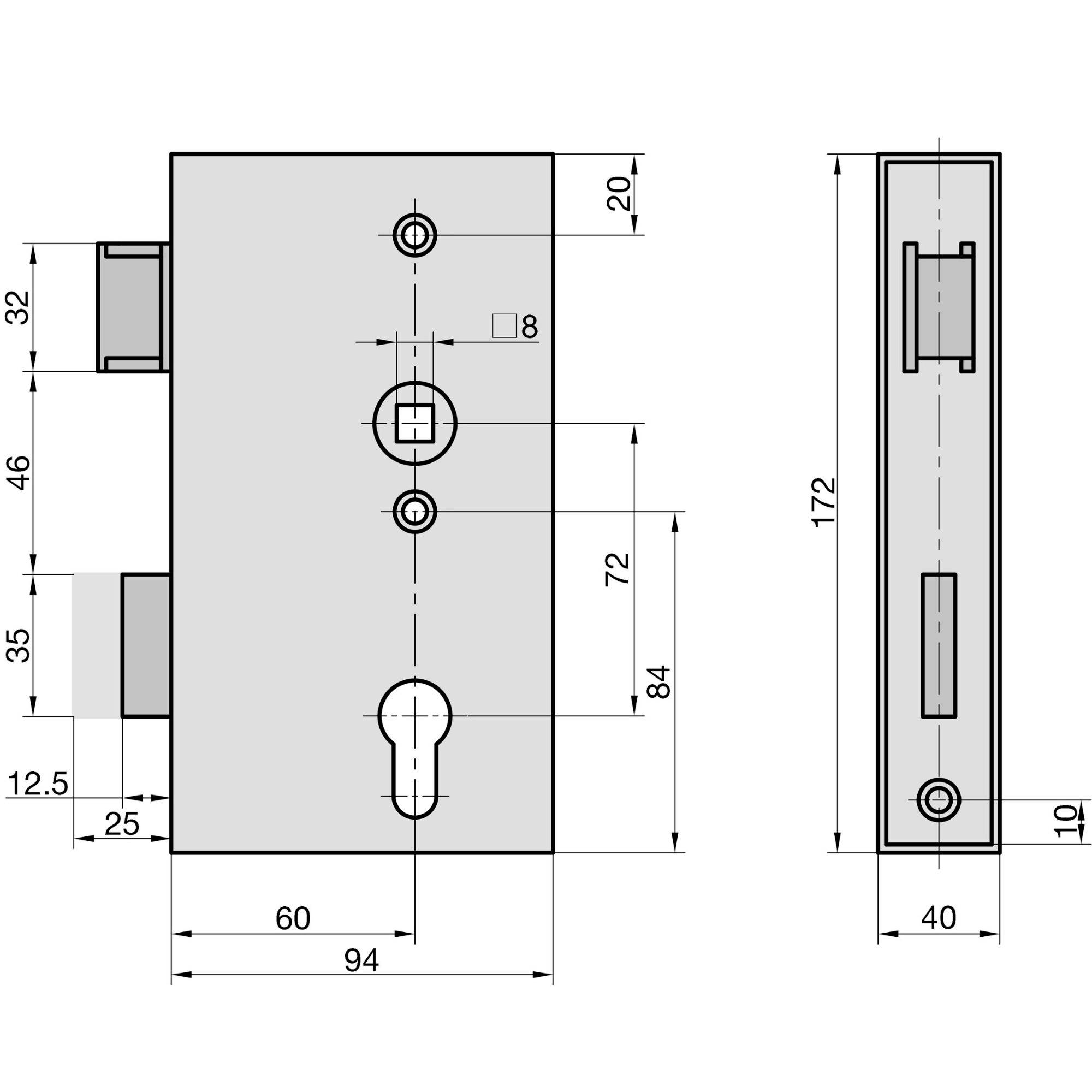 Technische Zeichnung eines rechteckigen Schlossmechanismus mit Abmessungen: 94mm mal 60mm Vorderansicht, 172mm mal 40mm Seitenansicht, mit verschiedenen Lochplatzierungen und detaillierten Messungen.
