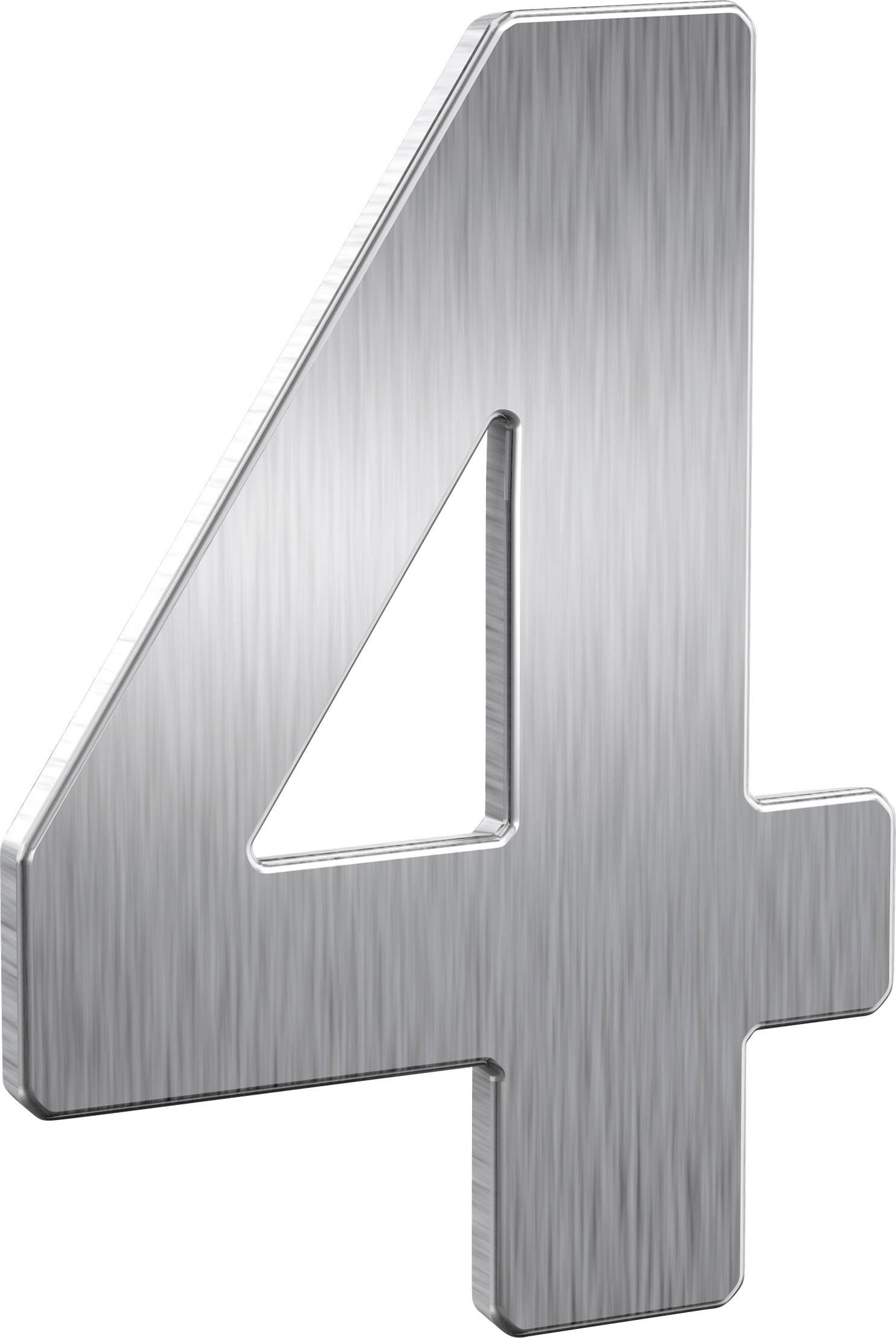 Metallische Zahl '4' in einem glatten, silbernen Finish, die das Gefühl von Modernität und Eleganz vermittelt.