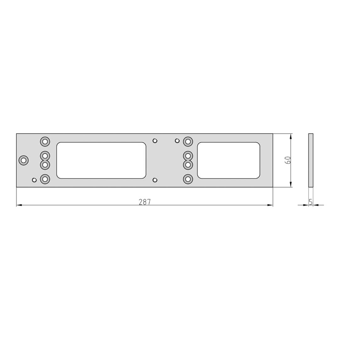 Technische Zeichnung eines rechteckigen Metallstücks mit den Maßen 287 mm x 60 mm x 5 mm. Bohrlöcher und Schlitze sichtbar.