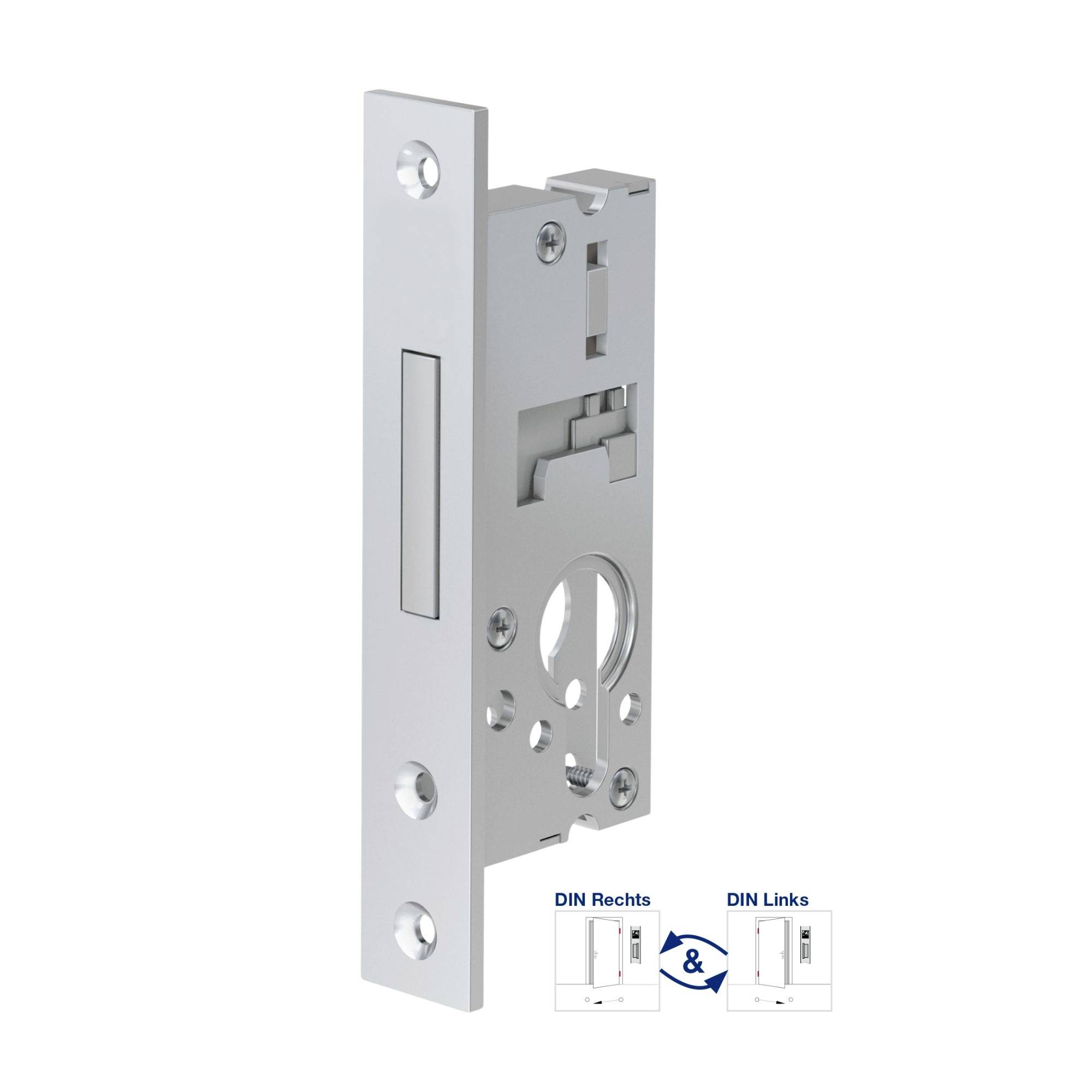 Metallisches Einsteckschloss, rechteckig, für Türinstallation. Zeigt Symbole für unterschiedliche DIN-Richtungen, Rechts- und Linksanschlag.