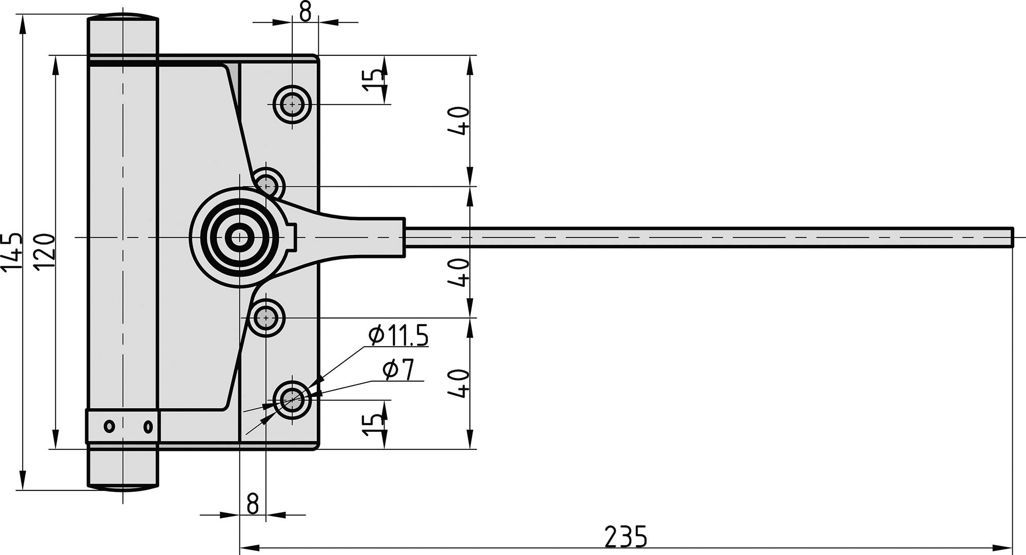 Technische Zeichnung eines Bauteils mit Abmessungen in Millimetern. Hauptkomponenten sind ein zylindrisches Stück mit Hebelarm.