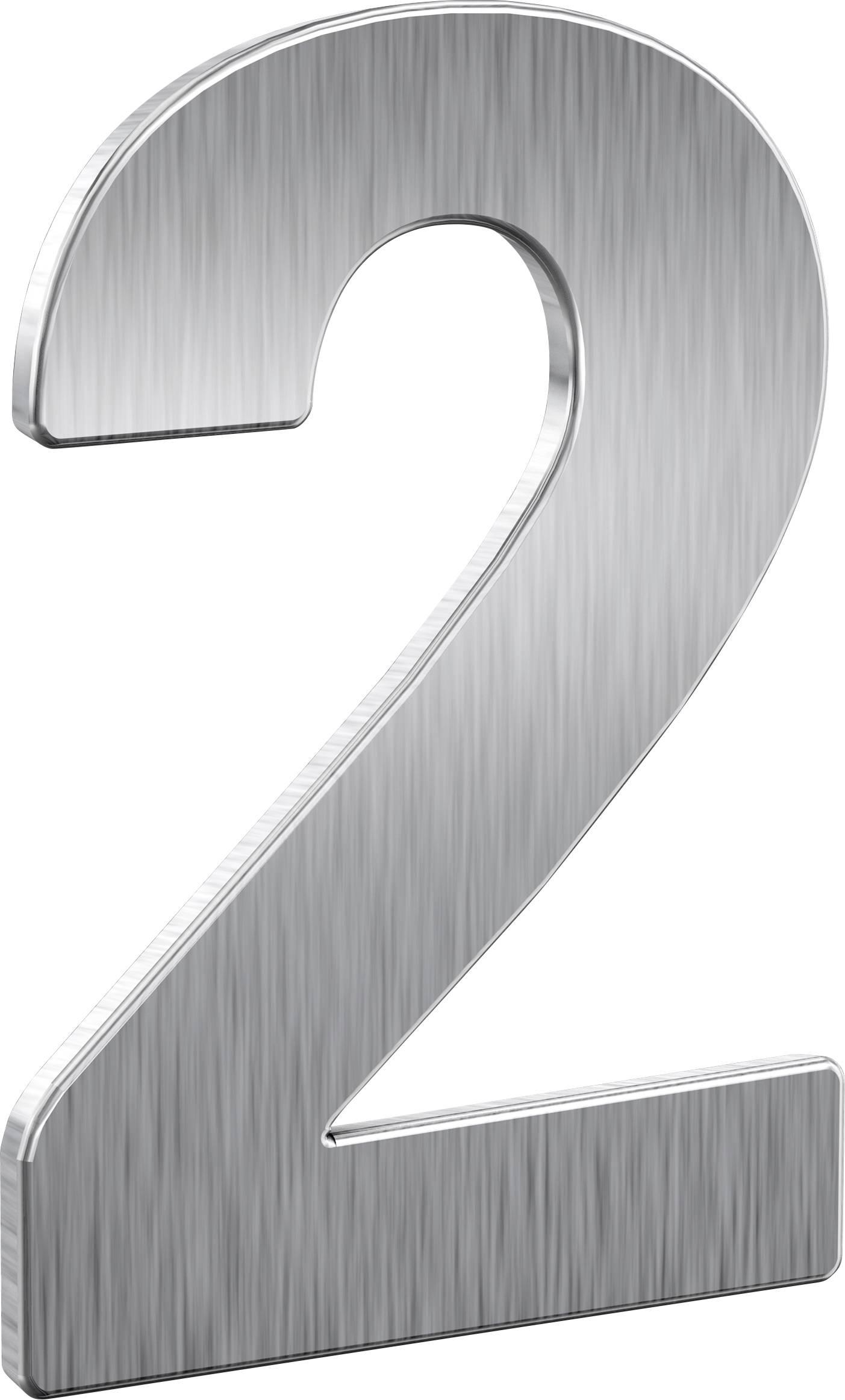 Zahl 2 aus gebürstetem Metall, hebt sich vor einem weißen Hintergrund ab.