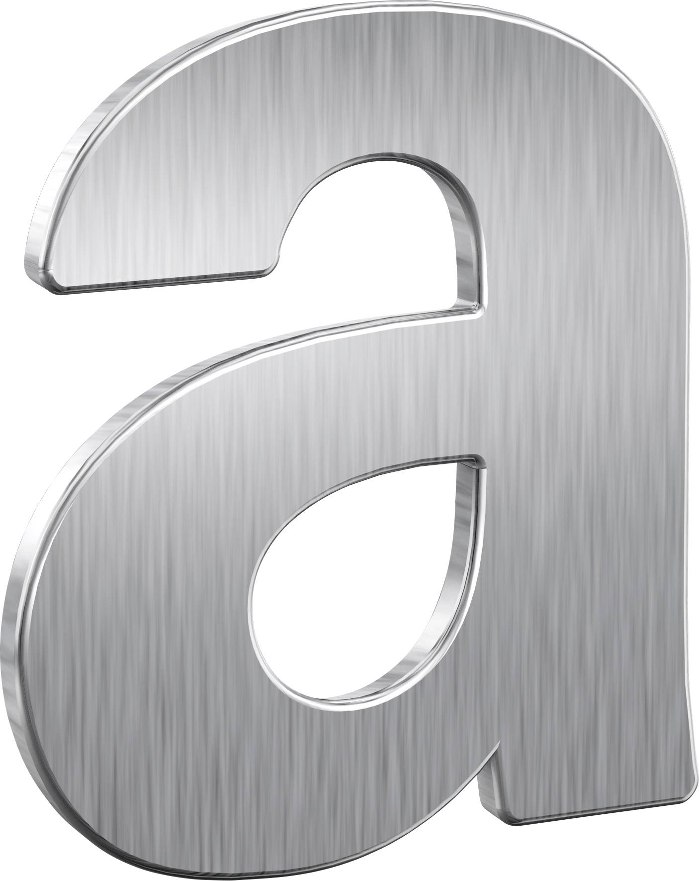 Metallbuchstabe 'a' in 3D mit gebürsteter Textur auf weißem Hintergrund.