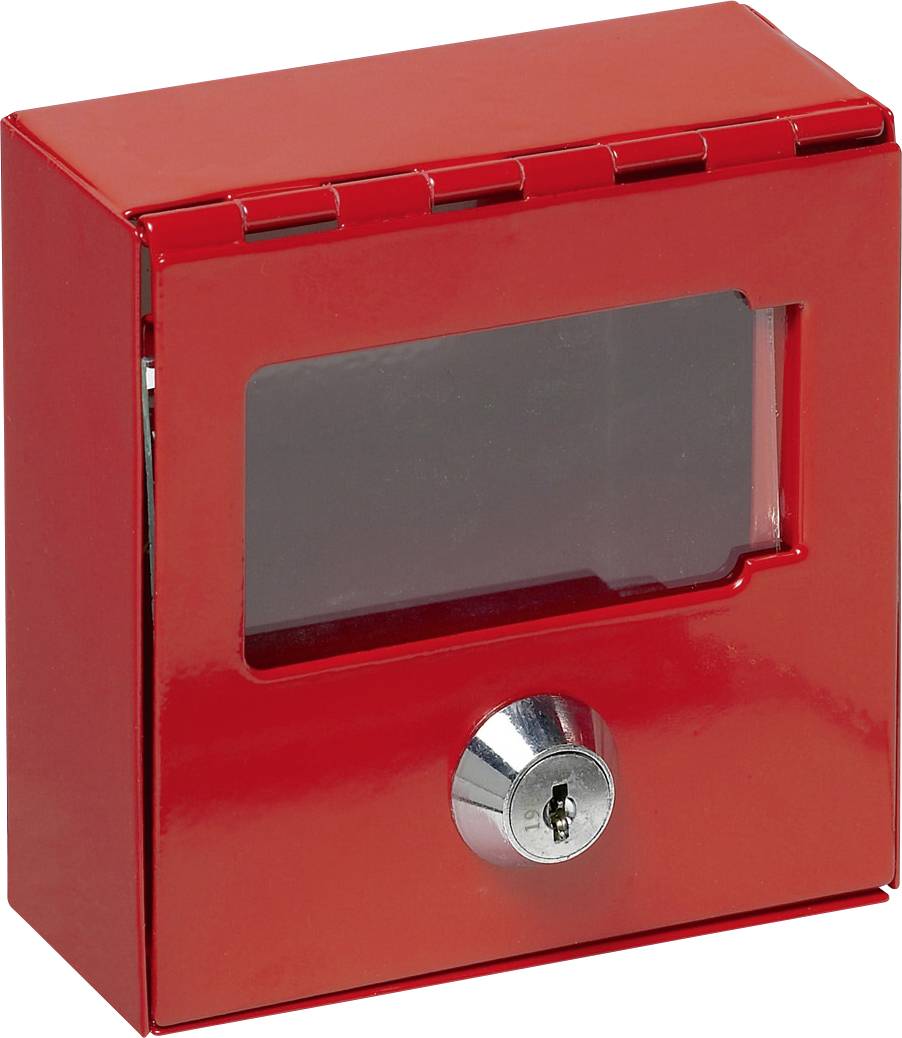 Rotes Metallkasten mit Sichtfenster und Schlüsselloch unten, typisch für Notfallschlüssel oder Alarmauslöser.