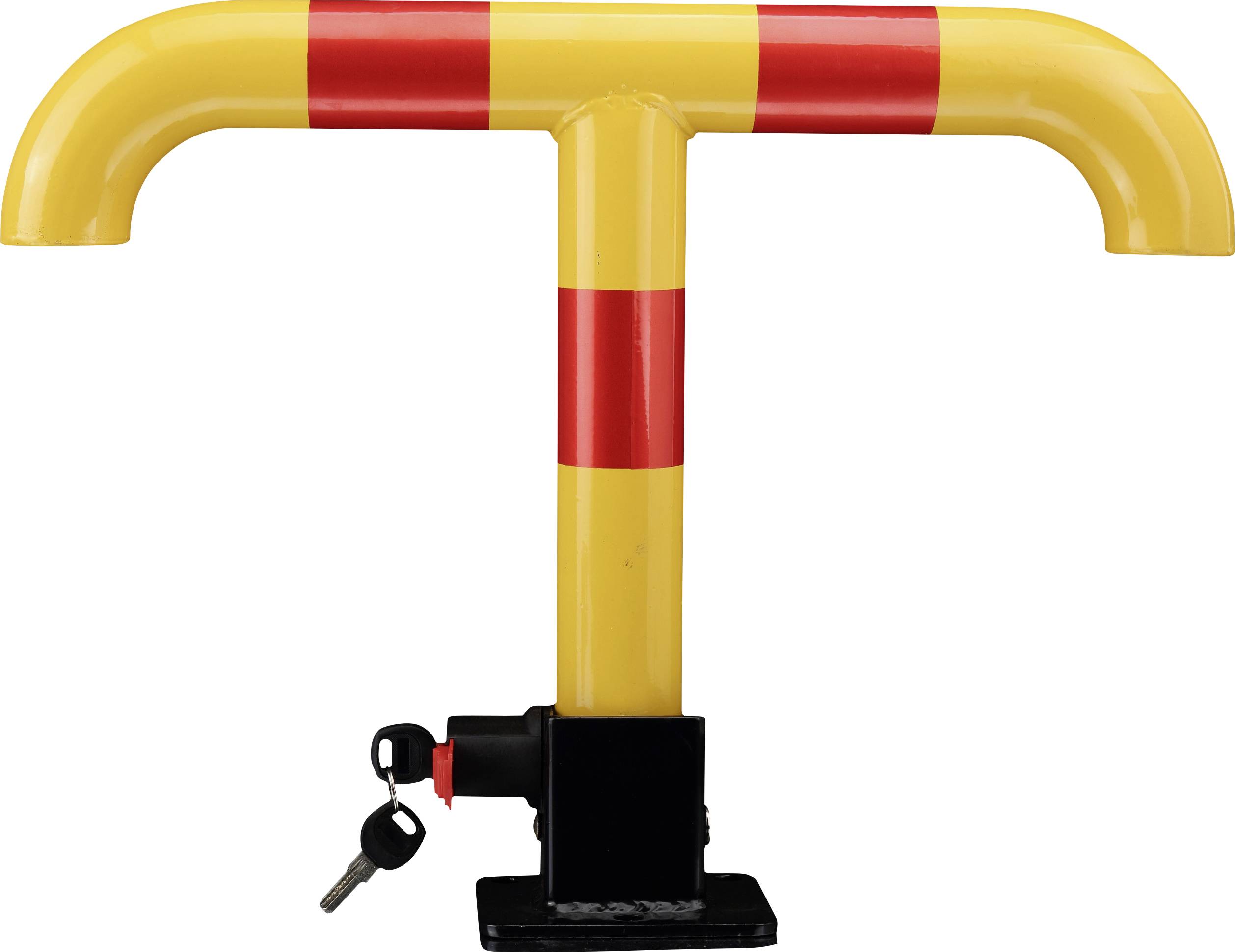 Ein gelb-rotes T-förmiges Parkschloss mit zwei Schlüsseln, das zur Sicherung von Parkplätzen verwendet wird.