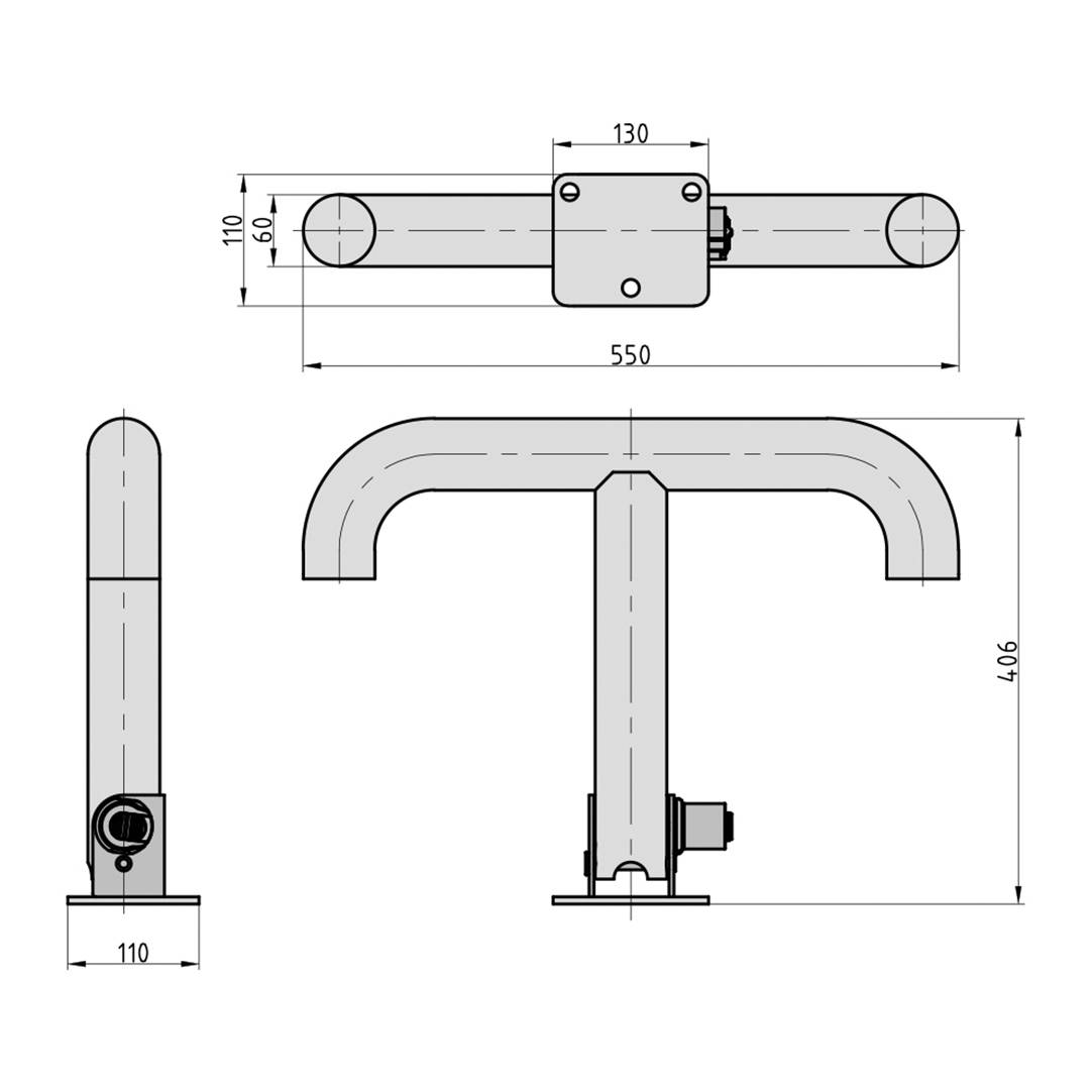 Technische Zeichnung eines Türgriffs mit Maßen: Breite 550 mm, Höhe 406 mm. Detailansicht zeigt Befestigungspunkt.