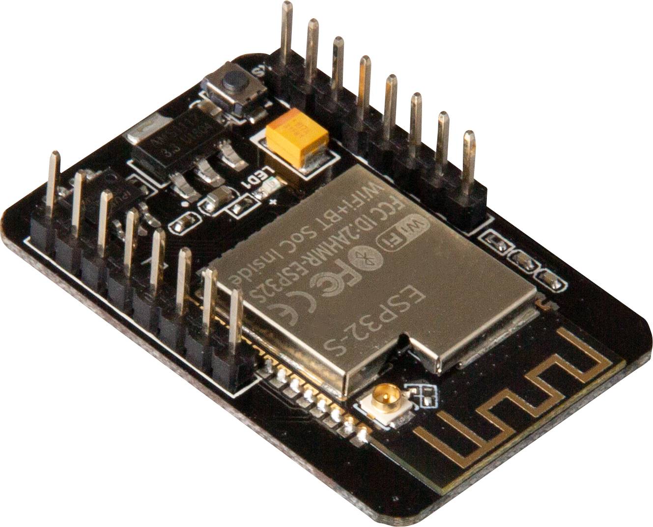 Das Bild zeigt ein ESP32-S Mikrocontroller-Modul mit mehreren Pins, einem gelben Kondensator und silbernem WiFi-Chip.