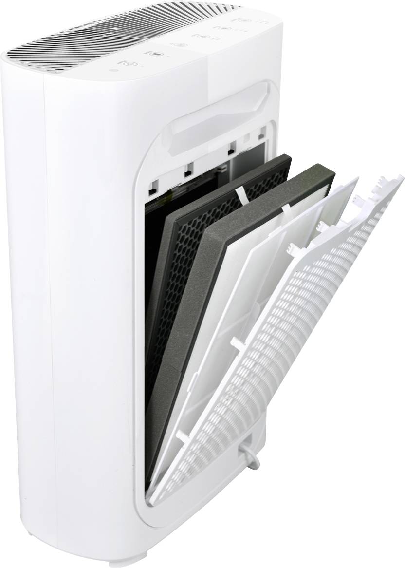 Luftreiniger mit geöffneten Filterabdeckungen; zeigt mehrere Filtereinsätze, die für Raumluftreinigung verwendet werden.