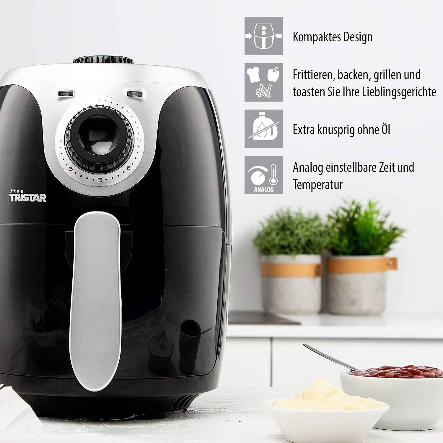 Tristar Heißluft-Fritteuse 2 l 1000 W Überhitzungsschutz, Antihaftbeschichtung, mit Konvektion, Timerfunktion, BPA-frei Schwarz, Silber