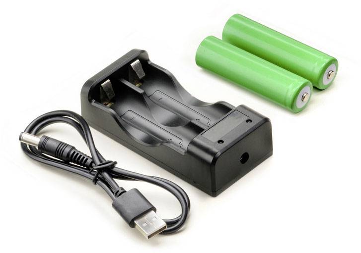 Ein USB-Ladegerät für Batterien, gezeigt mit zwei grünen AA-Batterien und einem USB-Ladekabel.