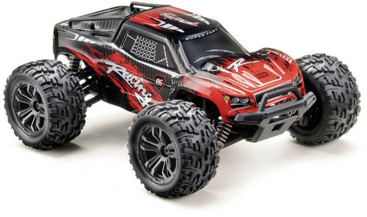 Ein ferngesteuertes Auto mit großem Profilreifen, schwarzem und rotem Design, steht bereit zur Fahrt auf einer glatten Oberfläche.