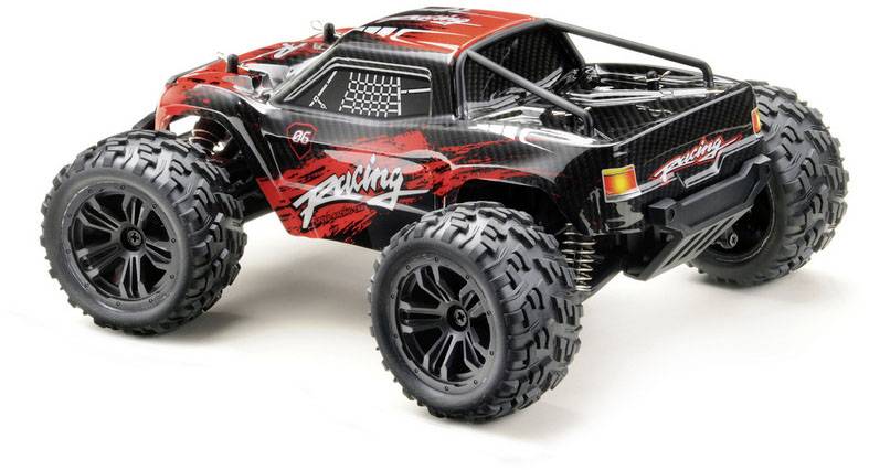 Ein ferngesteuertes Auto mit großem Profilreifen und roter, schwarzer Karosserie. Das Design zeigt dynamische Rennstreifen.
