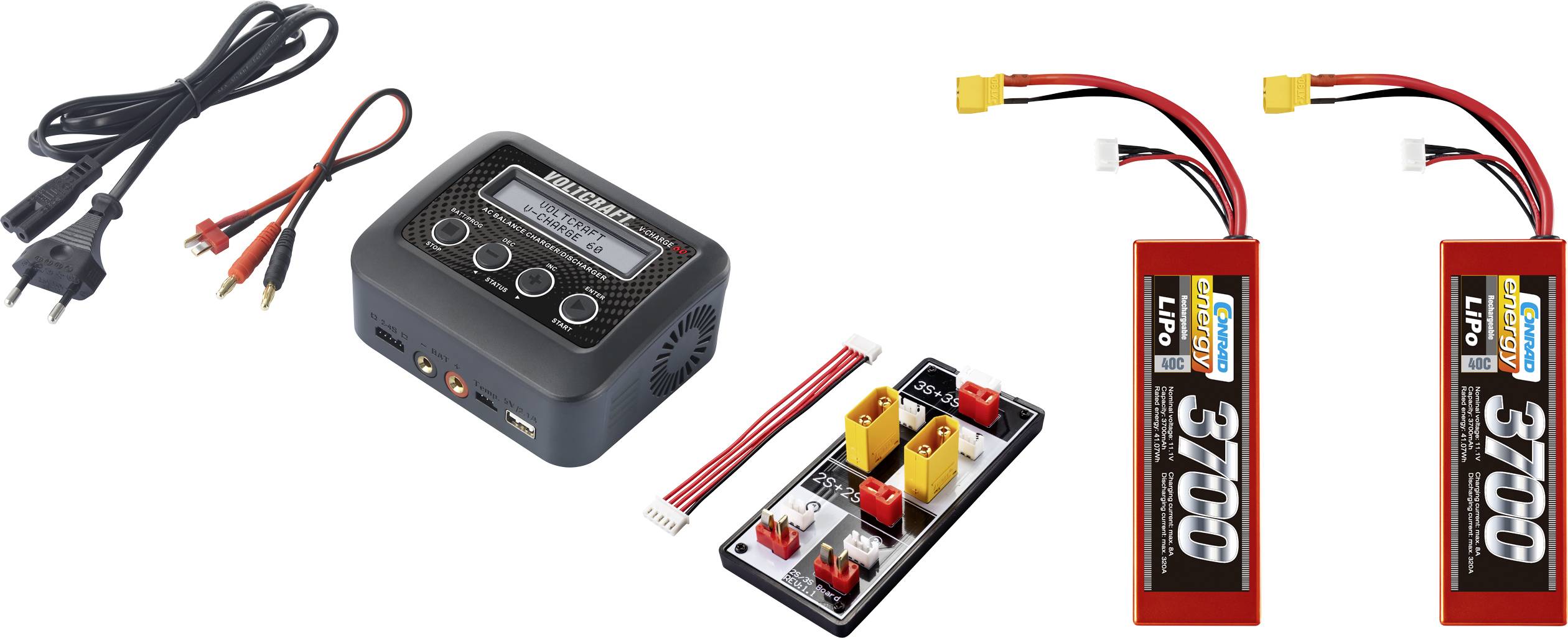 VOLTCRAFT Modellbau-Ladegerät 6 A LiFePO, LiHV, LiHV, NiMH, NiCd USB-Ladeausgang, Inkl. 2x LiPo Akkus, Temperaturüberwachung