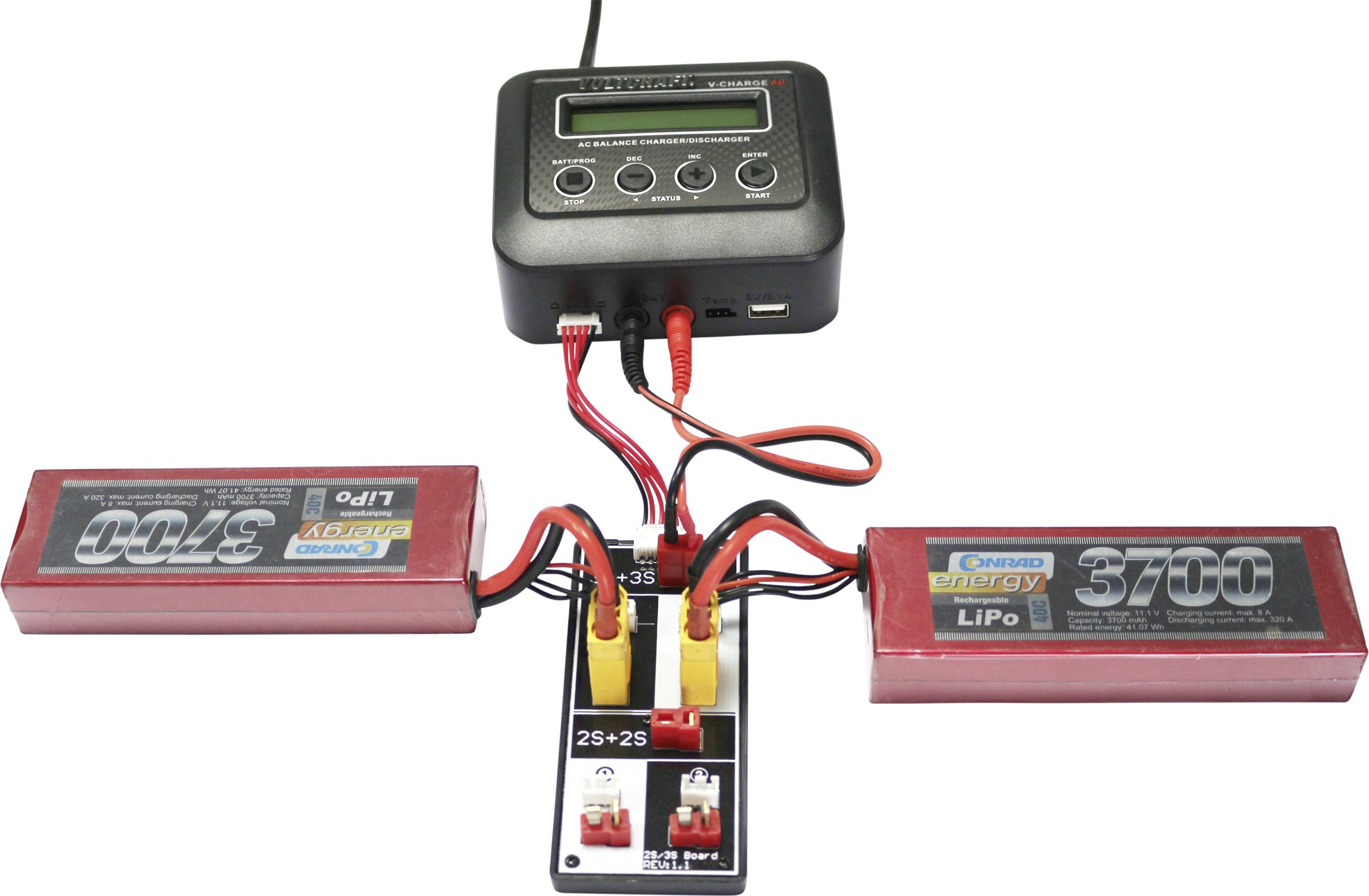 VOLTCRAFT Modellbau-Ladegerät 6 A LiFePO, LiHV, LiHV, NiMH, NiCd USB-Ladeausgang, Inkl. 2x LiPo Akkus, Temperaturüberwachung