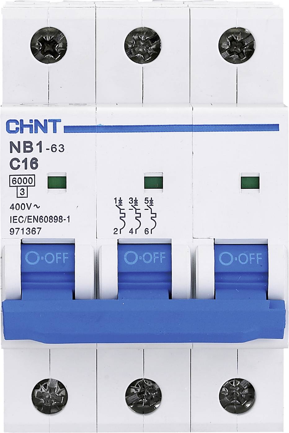 Leistungsschutzschalter CHiNT NB1-63 C16, 3-polig, 400V, 6000A. Geeignet für Überstromschutz in elektrischen Installationen.