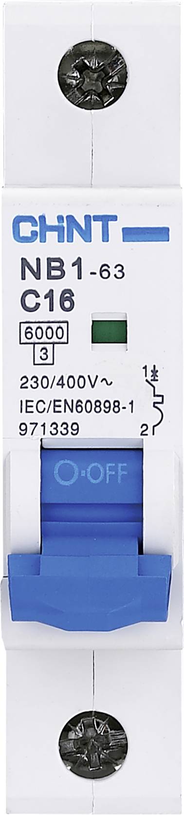 Ein weißer Leistungsschutzschalter der Marke CHINT. Aufschrift: 'NB1-63 C16 6000 3', Spannung '230/400V~'. Blauer Hebel in der Position 'OFF'.