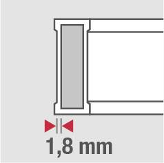 Querschnitt einer Dichtung mit einer Dicke von 1,8 mm, dargestellt durch einen roten Doppelpfeil und Text '1,8 mm'.