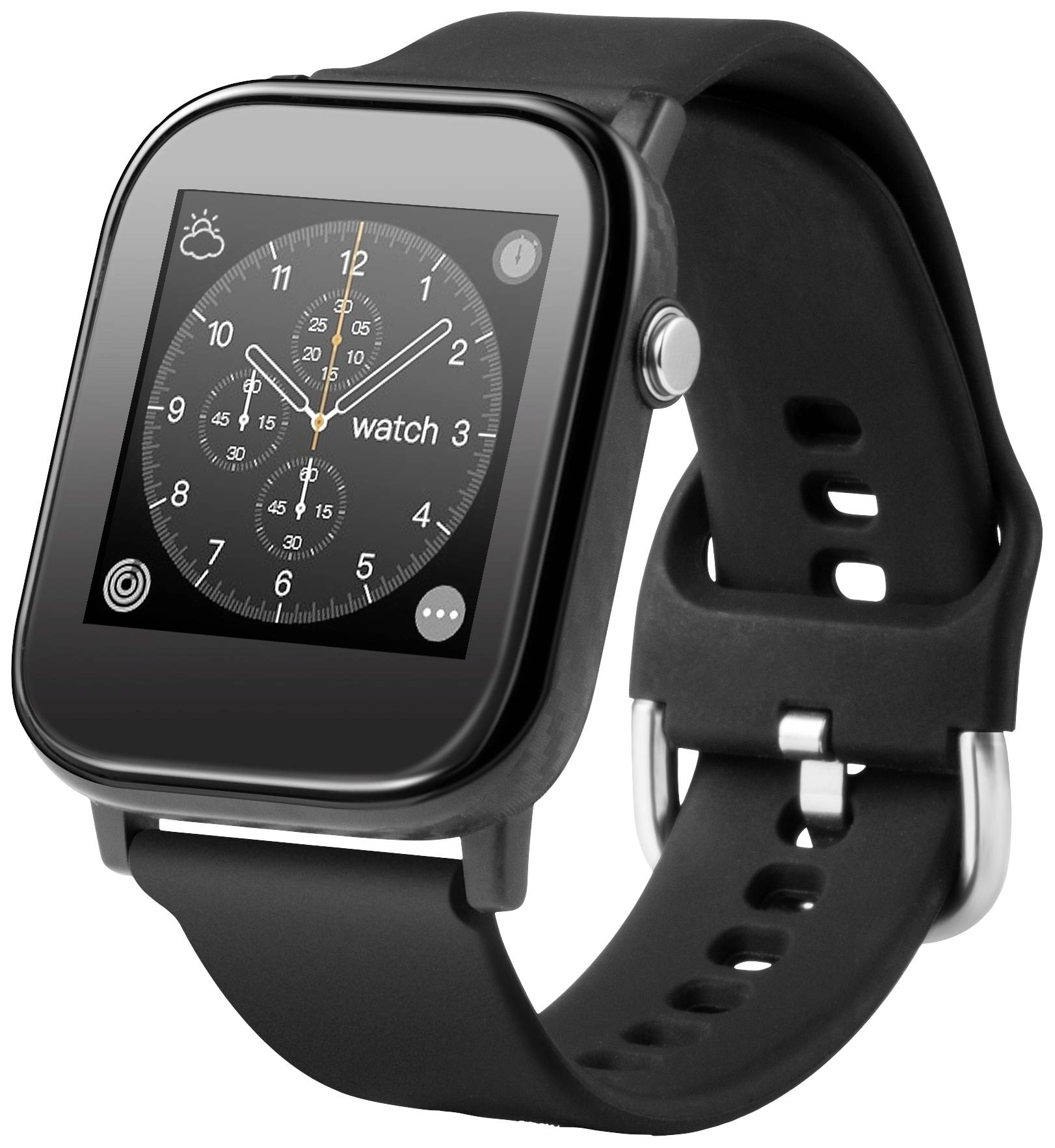 Smartwatch mit schwarzem Armband, zeigt analoge Uhrzeit mit drei Zeigern und zusätzlichen Symbolen auf dem Bildschirm.