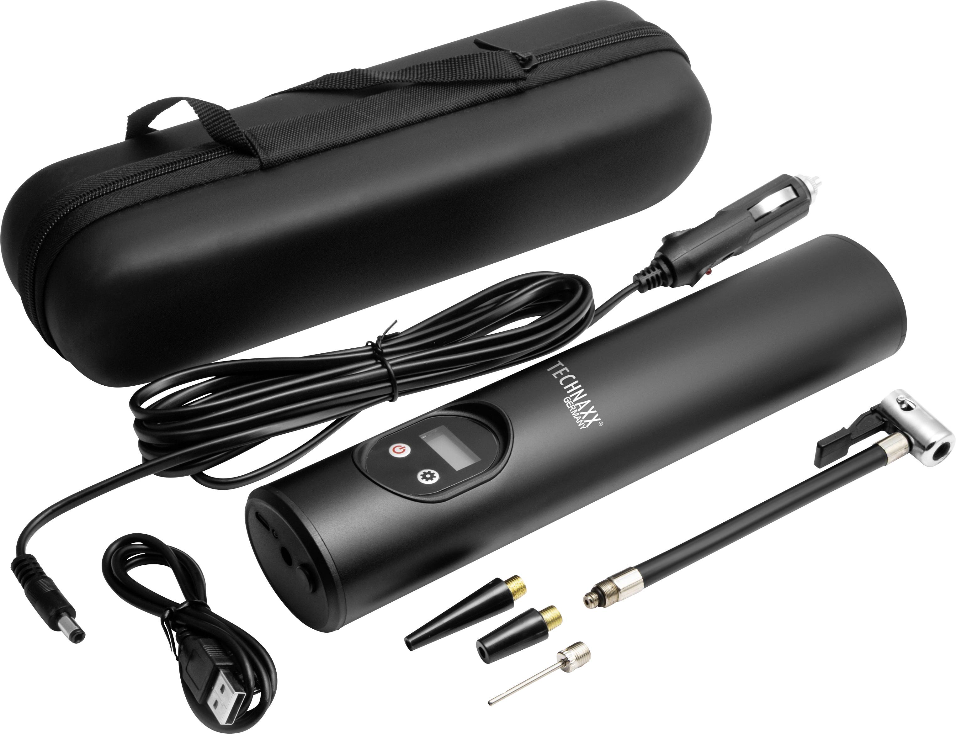 Tragbarer Reifenfüller mit digitalem Display, verschiedenen Ventilaufsätzen, USB-Kabel und Tragetasche. Ideal für Autoreifen.