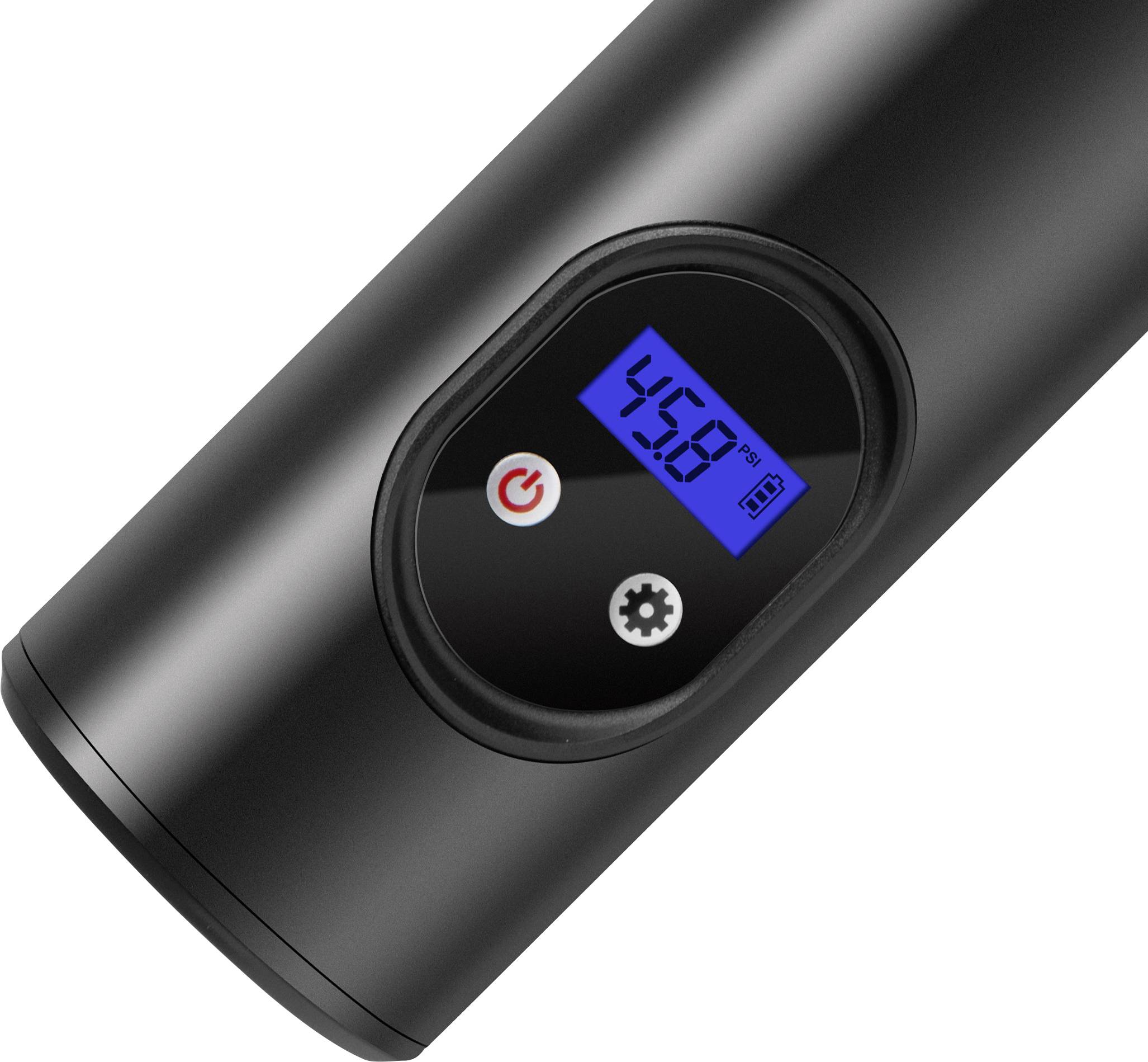 Elektrische Luftpumpe in Schwarz mit digitalem Display, das '4.58' zeigt. Knöpfe für Ein/Aus und Einstellungen vorhanden.