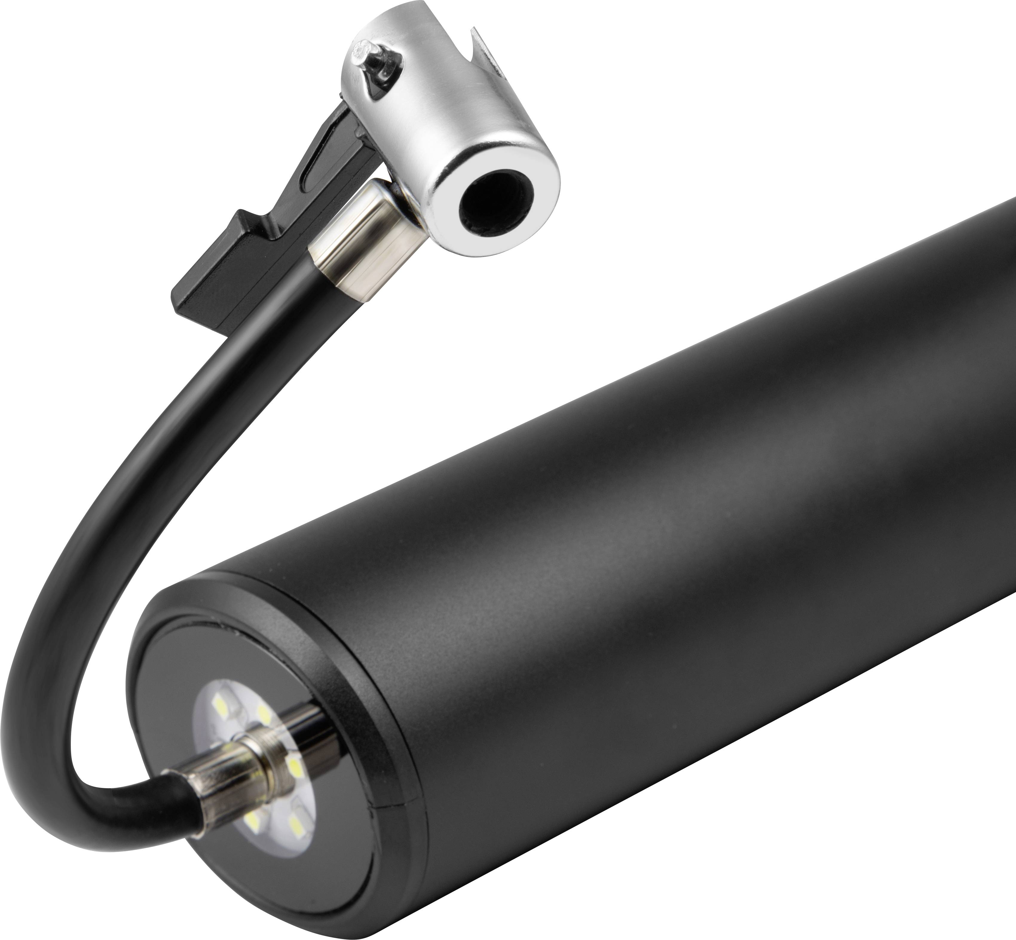 Schwarzes zylindrisches Gerät mit Kabel und Metallhaken, vermutlich Taschenlampe oder ähnliches Werkzeug; Fokus auf funktionalen Aspekt.