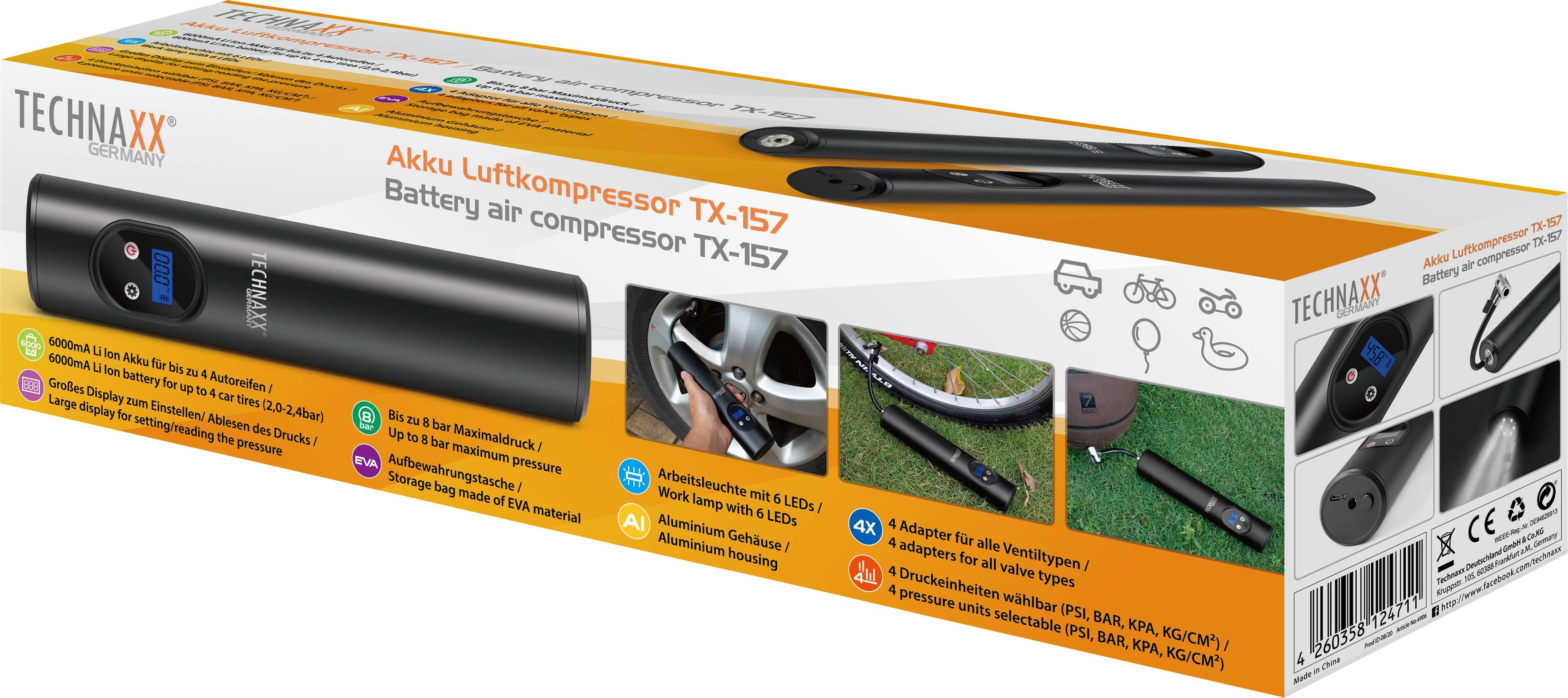 Verpackung des TECHNAXX Akku-Luftkompressors TX-157 zeigt Gerät, Zubehör und Anwendungsbeispiele wie Fahrrad und Auto.