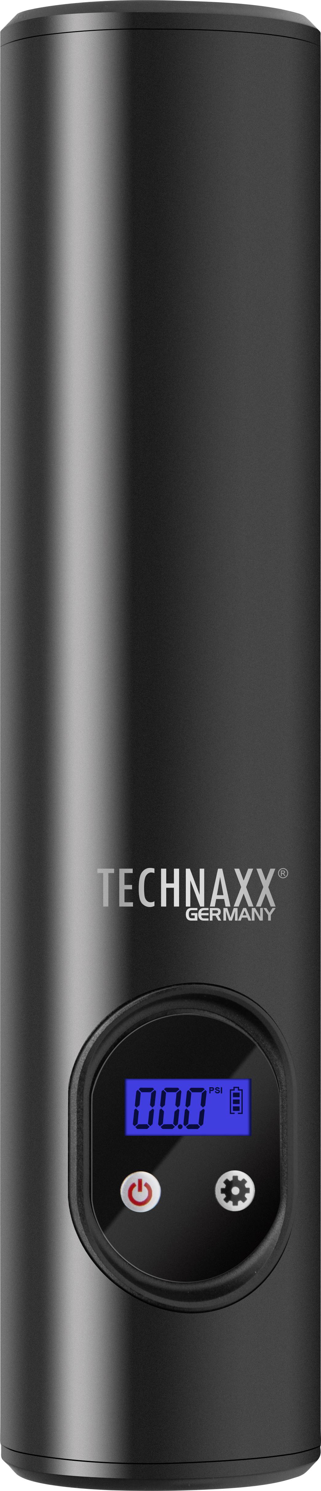Schwarzer, zylindrischer Powerbank-Luftkompressor mit digitalem Display und Bedientasten, markiert mit 'Technaxx Germany'.