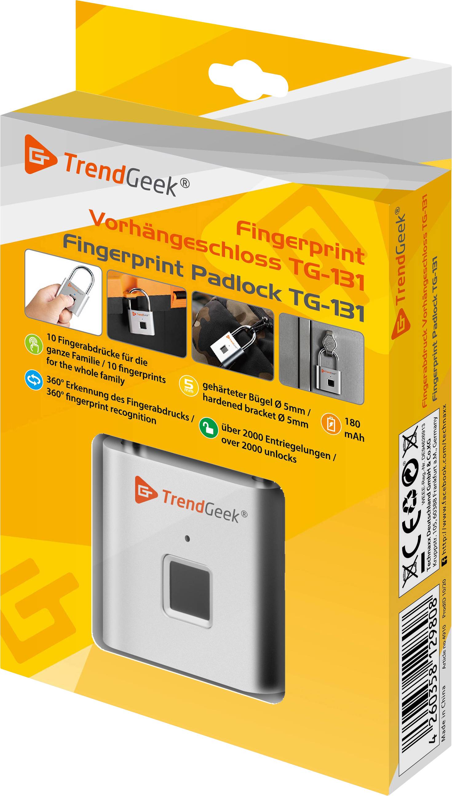 TrendGeek 4910 Vorhängeschloss 45 mm Silber Fingerabdruckschloss