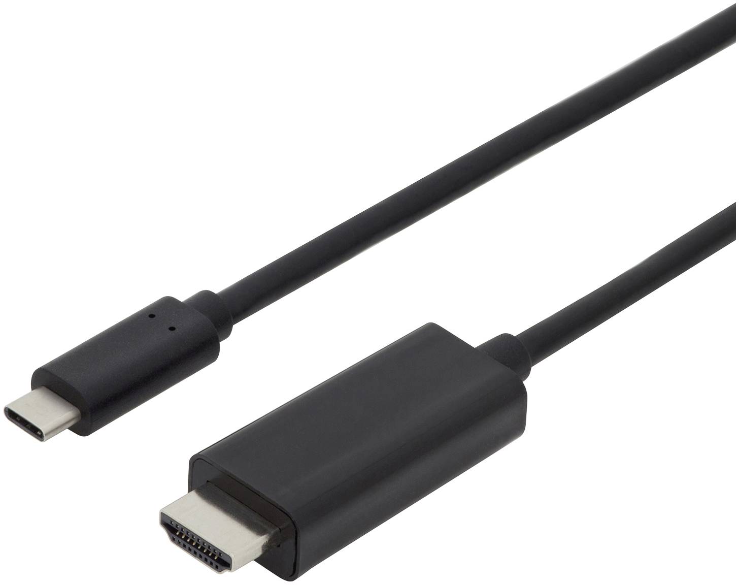 Ein schwarzes Kabel mit einem USB-C-Anschluss auf der einen Seite und einem HDMI-Anschluss auf der anderen Seite.