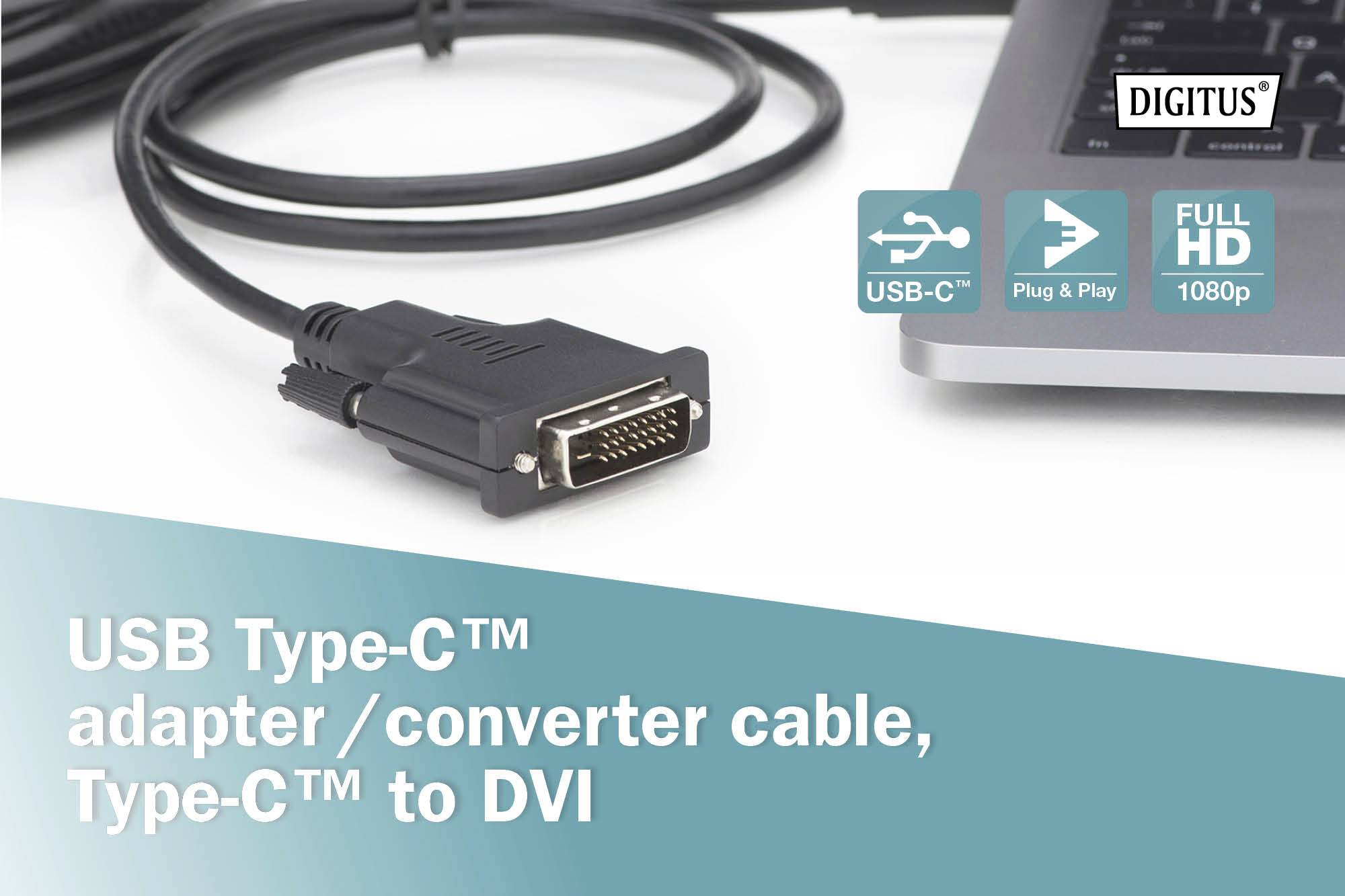 Digitus USB-C® / DVI Adapterkabel USB-C® Stecker, DVI-D 24+1pol. Stecker 2.00 m Schwarz AK-300332-020-S Geschirmt, doppelt geschirmt USB-C®-Display