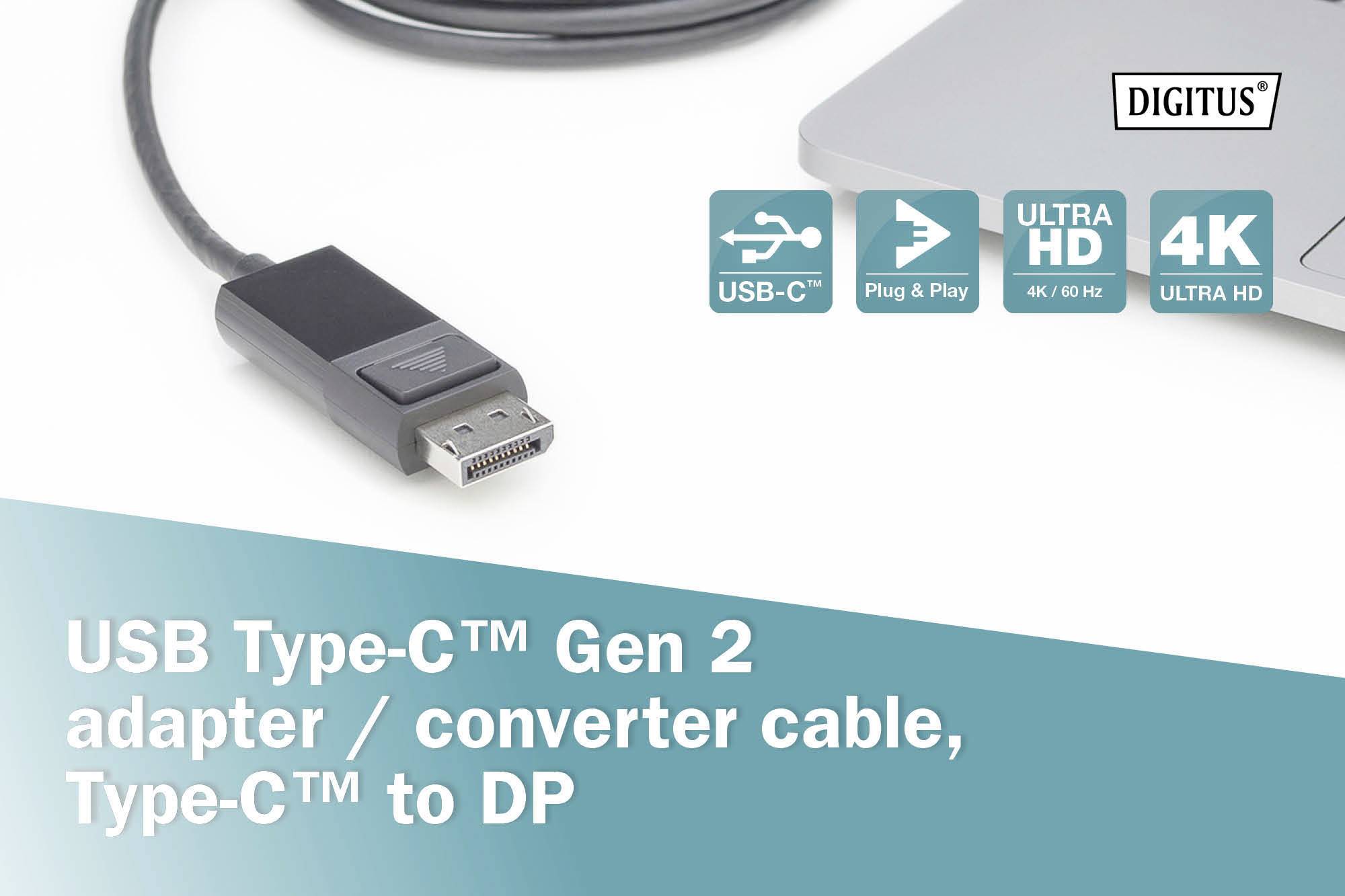 Adapterkabel von USB Type-C zu DisplayPort, geeignet für 4K Ultra HD Auflösung, eingesteckt in einen Laptop. Markenname oben rechts.