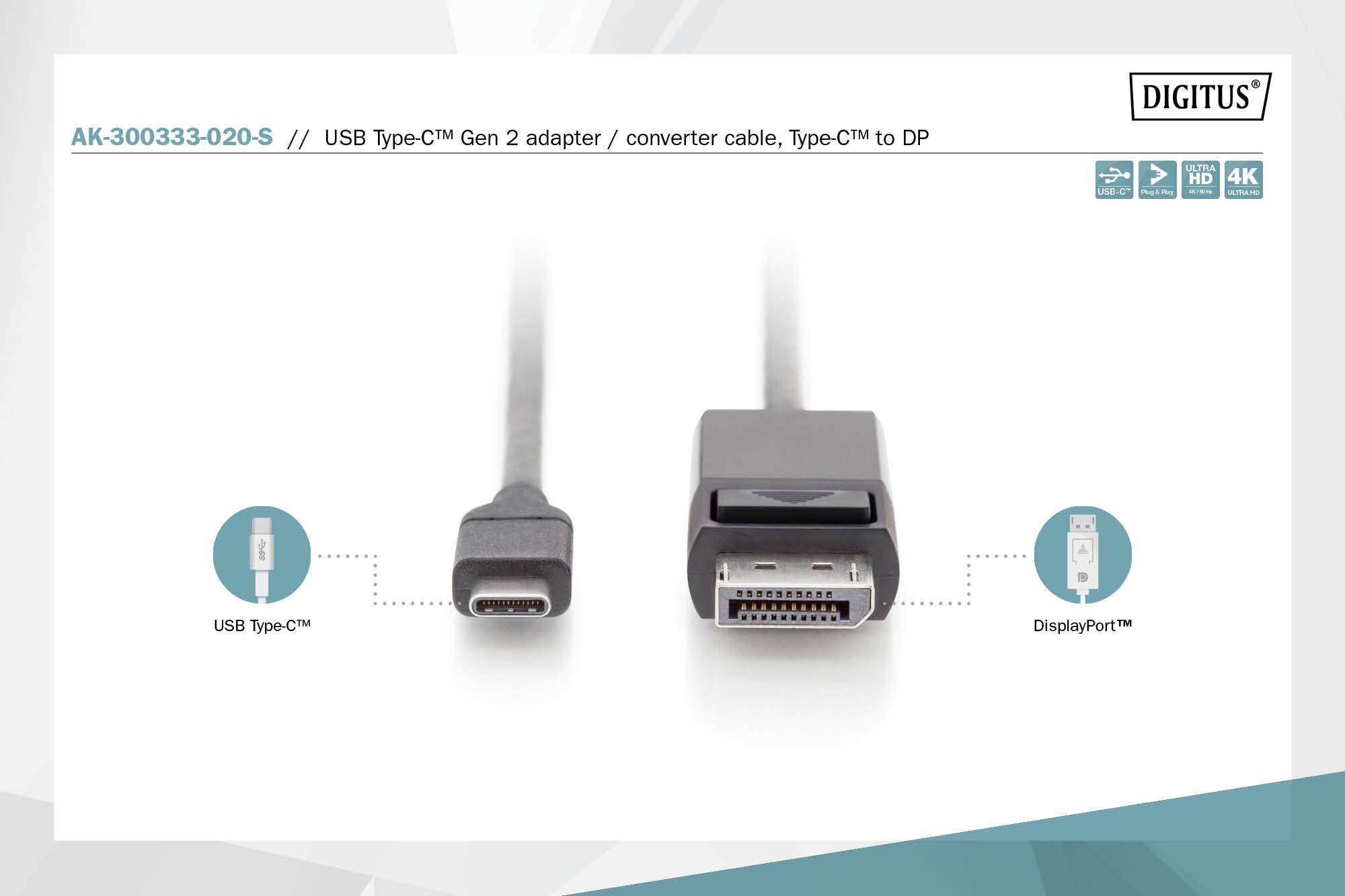 USB Typ-C- auf DisplayPort-Adapterkabel; unterstützt UHD, 4K; gezeigte Stecker: USB Typ-C (links), DisplayPort (rechts).