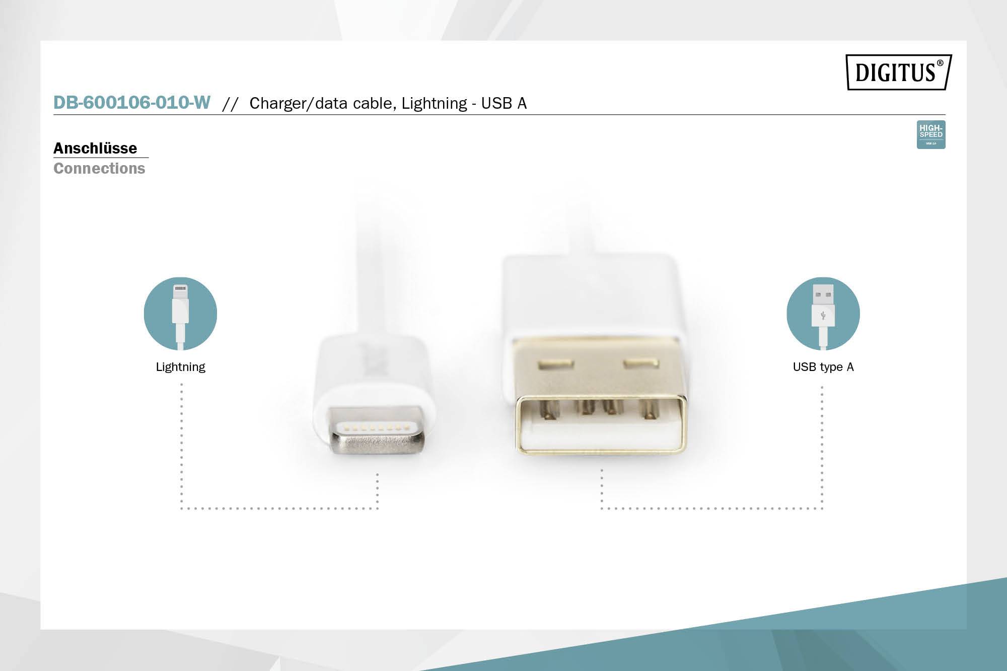 DB-600106-010-W: Lade-/Datenkabel, Lightning zu USB A. Anschlüsse: Lightning und USB Typ A dargestellt. Hersteller: DIGITUS.