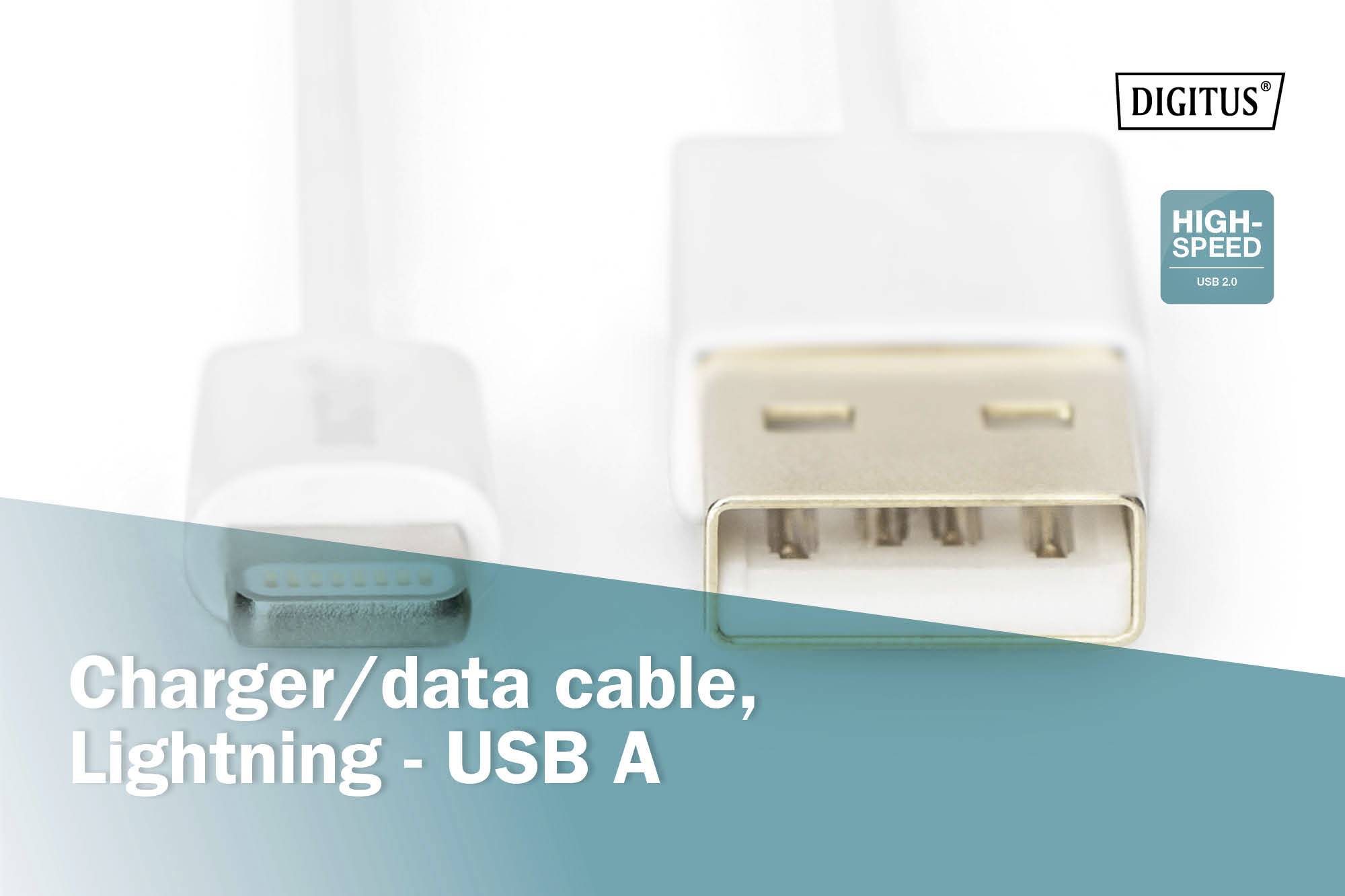 'Charger/data cable, Lightning - USB A' in weiß. Links ein Lightning-Stecker, rechts ein USB-A-Stecker. Oben 'DIGITUS' Logo.