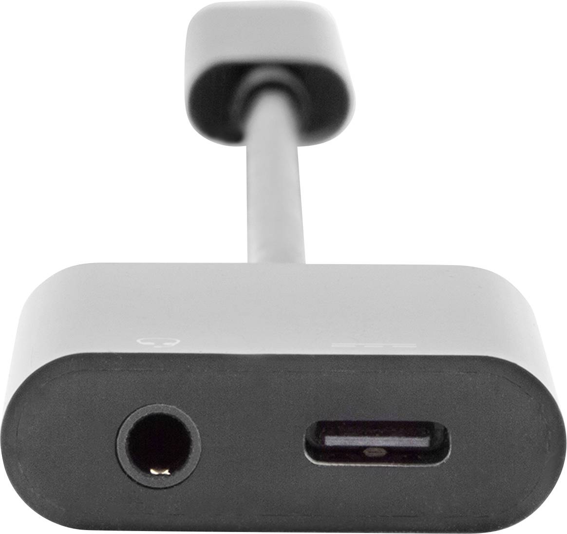 Ein Adapter mit einem Kopfhöreranschluss und einem USB-C-Anschluss, der für die Verbindung mit Audiogeräten und Ladegeräten verwendet wird.