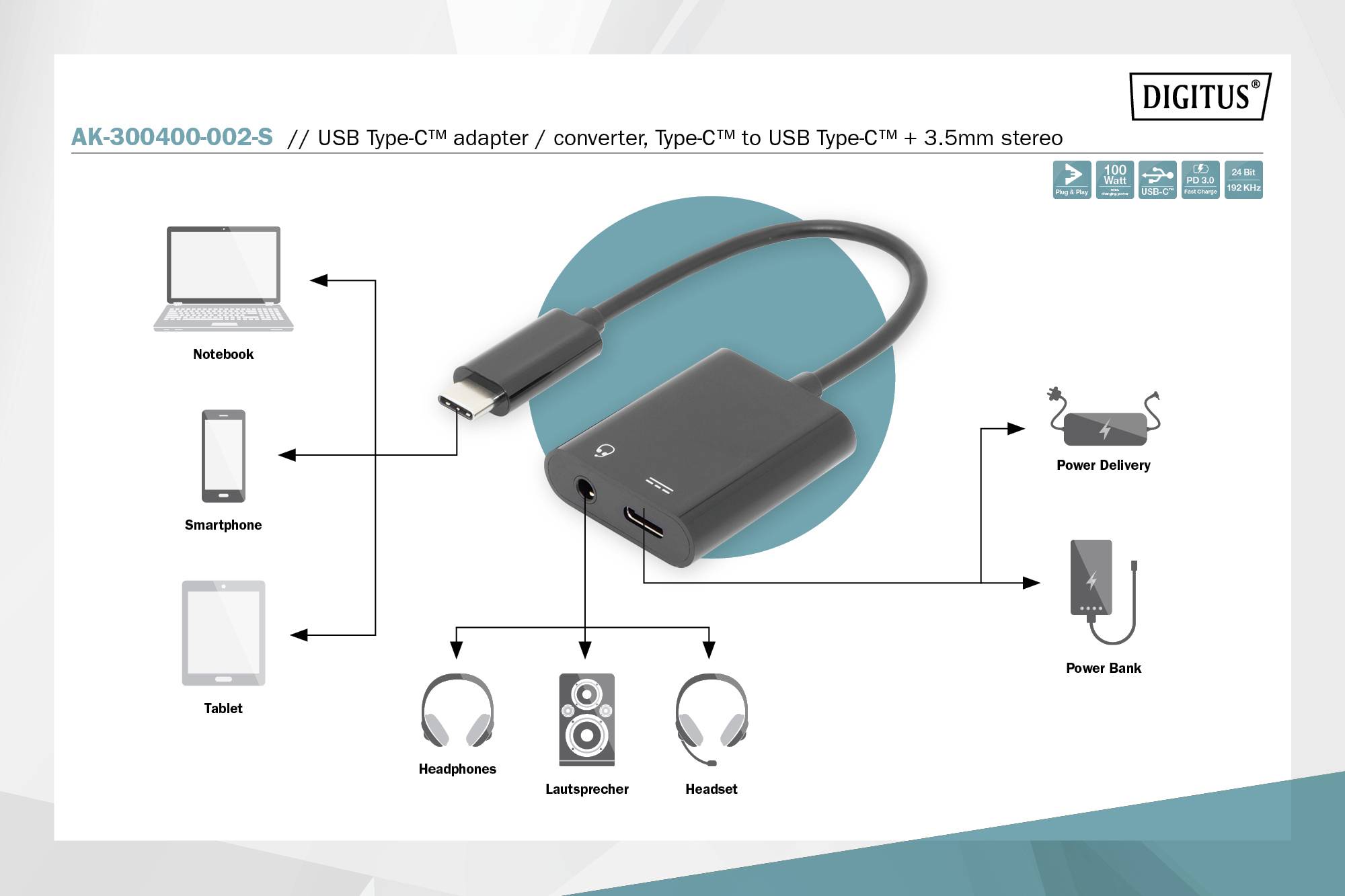 Digitus Audio Adapterkabel [1x USB-C® Stecker - 2x USB-C® Buchse, Klinkenbuchse 3.5 mm] AK-300400-002-S 20.00cm Geschirmt