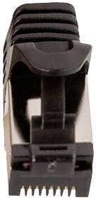 RJ45-Stecker in Nahaufnahme, schwarz. Sichtbar sind die Kontakte und die Verriegelungslasche.