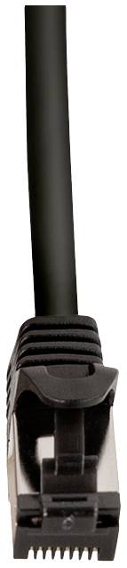 Ein schwarzes Ethernet-Kabel mit Stecker zur Verbindung von Netzwerkgeräten.
