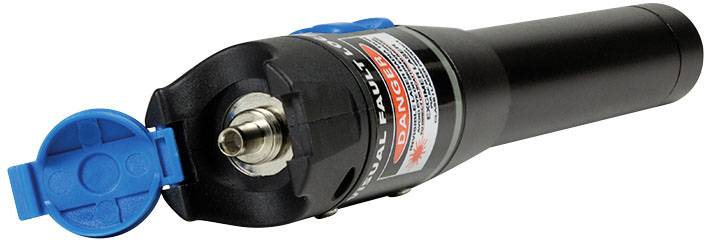 Schwarzes Laserwerkzeug mit blauer Schutzkappe und Warnetikett.