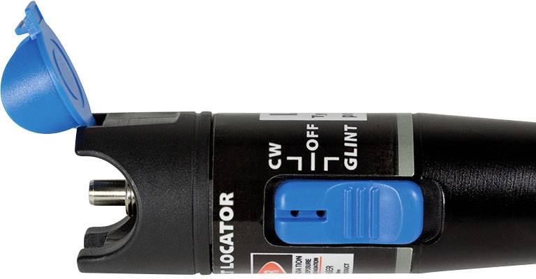 Faser-Optik-Tester mit blauem, offenen Deckel und Schieberegler. Etiketten: CW, OFF, GLINT.
