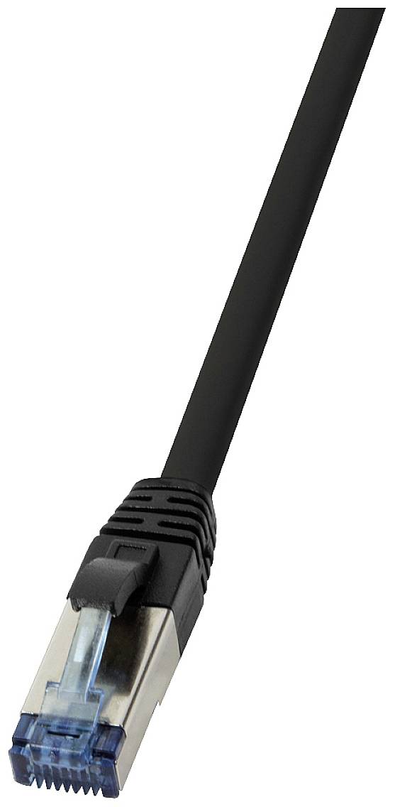 Ein schwarzes Ethernet-Kabel mit RJ45-Stecker für Netzwerkverbindungen.