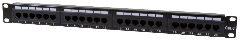 Ein schwarzes Cat.6 Patchpanel mit 24 Ethernet-Anschlüssen, nummeriert von 1 bis 24, zur Netzwerkkabelverwaltung in einem Serverraum.