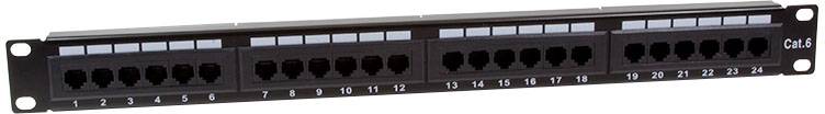 Schwarzes Patchpanel mit 24 nummerierten Ethernet-Ports zur Netzwerkverkabelung.