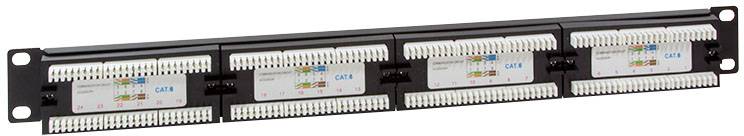 Ein schwarzes Patchpanel mit vier modularen Einheiten zur Kabelorganisation. Jede Einheit hat farbcodierte Anschlüsse für Netzwerkkabel.