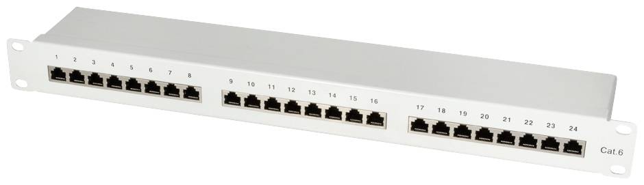 Patchpanel, Kategorie 6, mit 24 nummerierten Ethernet-Ports zur Netzwerkverbindung.