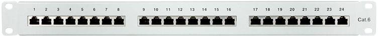 Patchpanel mit 24 RJ-45-Ports zur Verwaltung von Netzwerkverbindungen. Nummerierung von 1 bis 24. Geeignet für Cat-5-Kabel.