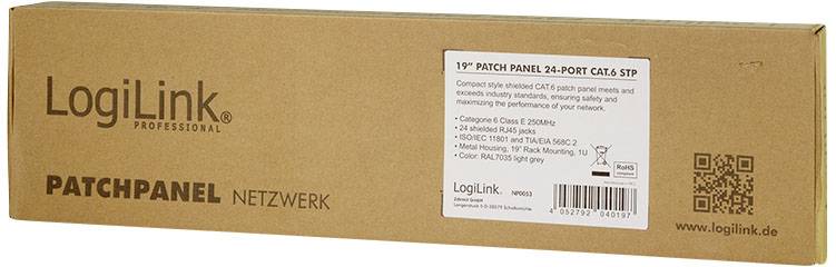 Eine Verpackungsbox mit Aufschrift 'LogiLink Patchpanel 24-Port CAT.6 STP', zeigt ein Bild des Produkts und enthält technische Details.