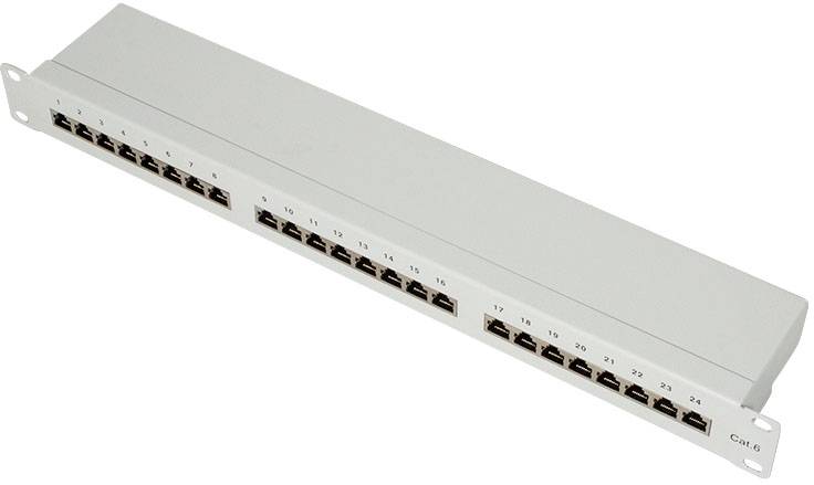 Ein weißes Ethernet-Patchpanel mit 24 nummerierten Ports, geeignet für Netzwerkverkabelungen in Serverräumen oder IT-Infrastrukturen.